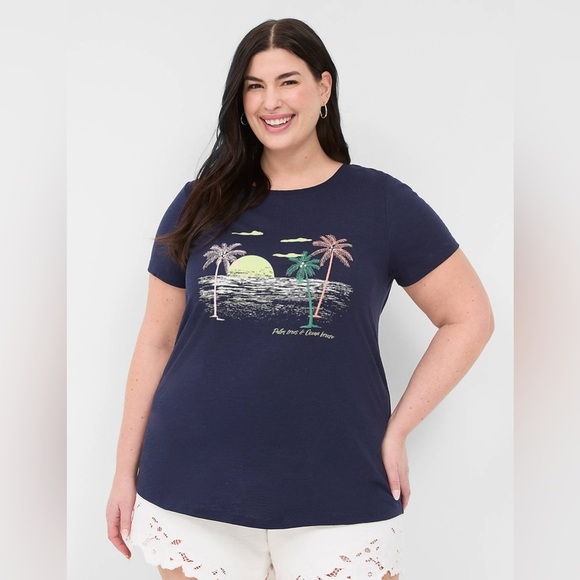 Lane Bryant NEW Rhinestone Palm Trees & Ocean Breeze Graphic Tee 22/24 Vacation - Picture 1 of 16